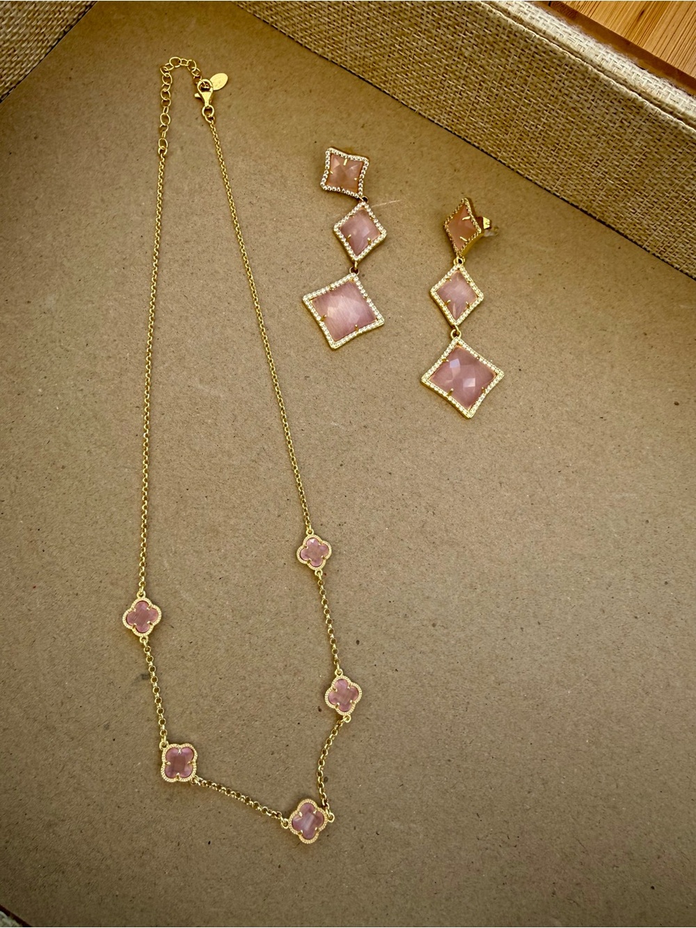 Gold-Plated Necklace and Dangle Earrings Set with Pink Gemstones